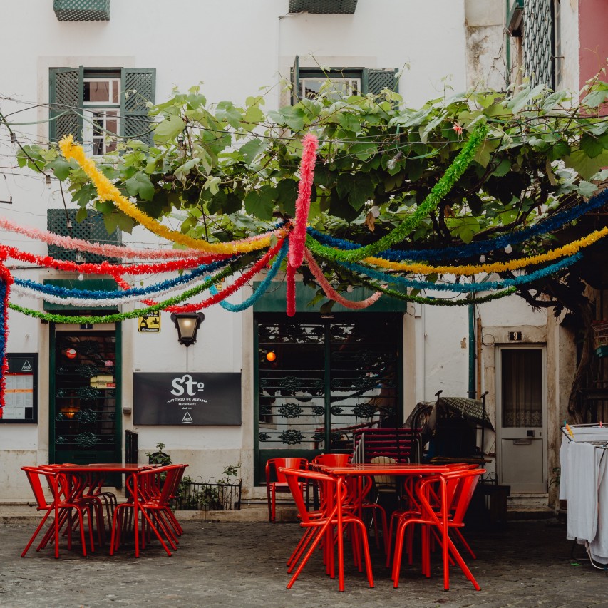 cafe with red tables and chairs